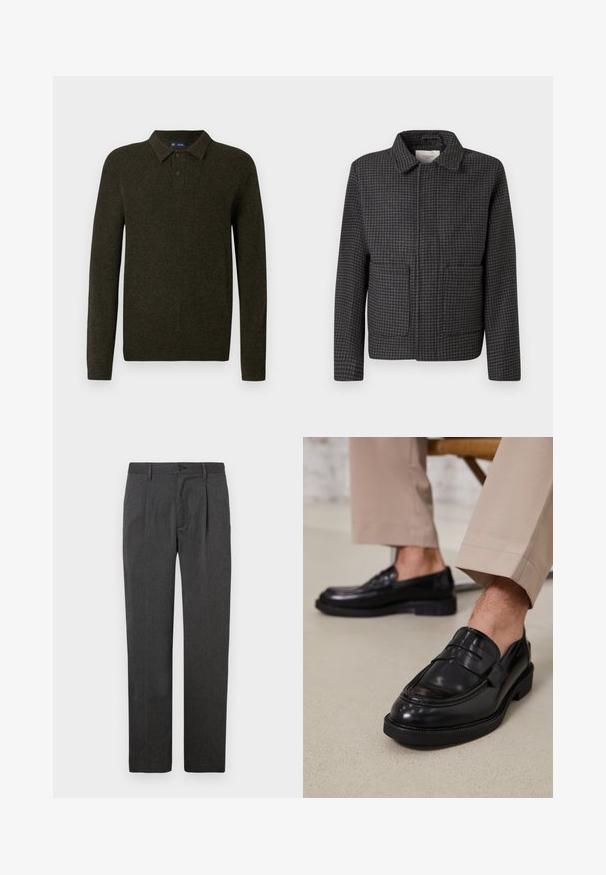 Chaqueta de cuadros gris con cuello, dos bolsillos frontales y corte recto. La tela es texturizada y presenta un clásico patrón de espiga.; Suéter polo de manga larga verde con un acabado texturizado, tapeta de dos botones y puños acanalados. Diseño simple y clásico adecuado para uso informal.; Pantalones grises ajustados con un corte recto, que presentan un plisado frontal, cremallera y cierre de botón. Textura suave, diseño clásico.; Mocasines de cuero negro con un acabado suave, que cuentan con una correa decorativa y costuras en contraste, combinados con pantalones beiges.