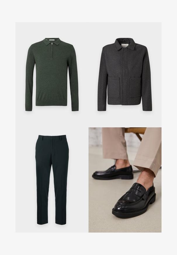 Veste à carreaux gris avec un col, deux poches avant et une coupe droite. Le tissu est texturé et présente un motif pied-de-coq classique.; Sweater polo à manches longues vert foncé, avec une fermeture éclair quart et des poignets et un ourlet côtelés, présenté sur un fond clair et uni.; Pantalons noirs ajustés présentant un design épuré à jambe droite, fabriqués dans un tissu lisse avec un devant plat et sans poches visibles.; Mocassins en cuir noir avec une finition lisse, ornés d'une sangle décorative et de coutures contrastées, associés à un pantalon beige.