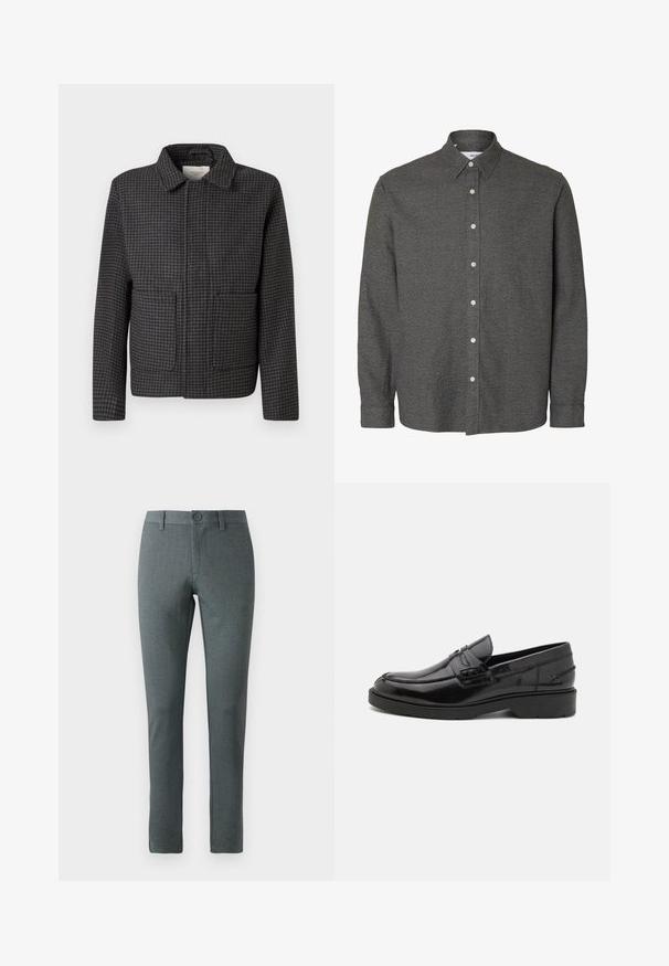 Veste à carreaux gris avec un col, deux poches avant et une coupe droite. Le tissu est texturé et présente un motif pied-de-coq classique.; Chemise à manches longues gris foncé, boutonnée, avec un col pointu et des boutons blancs sur le devant au centre.; Pantalons gris ajustés en tissu texturé, coupe droite, fermeture à bouton, passants de ceinture et design slim.; Mocassins en cuir noir avec une finition lisse, un bout rond, un petit talon et descoutures décoratives à l'avant. Semelle en caoutchouc pour l'adhérence.