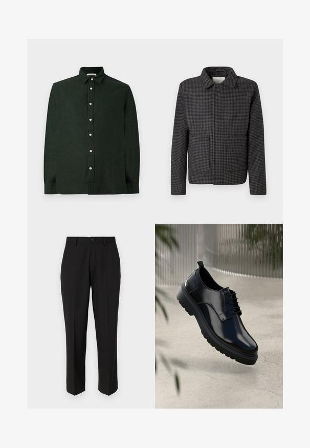 Chaqueta de cuadros gris con cuello, dos bolsillos frontales y corte recto. La tela es texturizada y presenta un clásico patrón de espiga.; Camisa de manga larga verde oscuro hecha de un tejido texturizado, con un cierre frontal de botones y un collar clásico. Diseño liso sin patrones.; Pantalones negros de tela suave, con un diseño de pierna recta, bolsillos delanteros, un cierre de botón y sin patrones visibles.; Zapato de cuero negro con un acabado brillante, puntera redonda, diseño de cordones, costuras de contraste y una suela de goma gruesa con patrones de tracción.