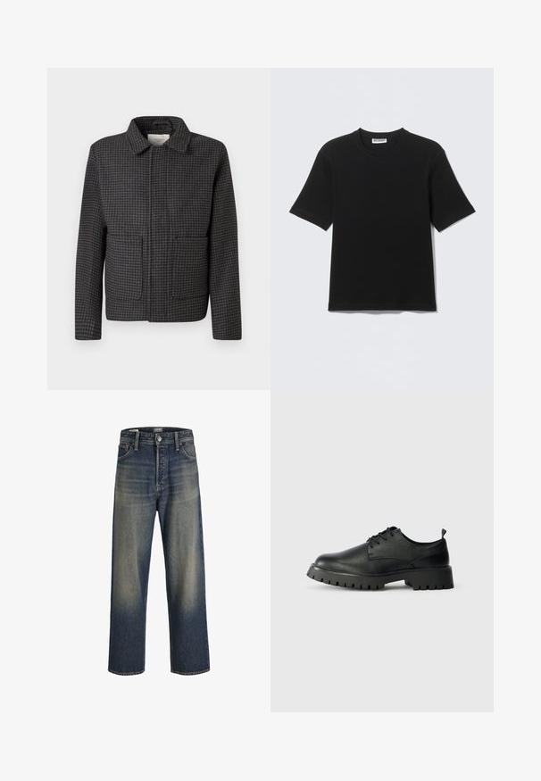 Grijze geruite jas met een kraag, twee vo pockets en een rechte snit. De stof is textuur en heeft een klassiek pied-de-coq patroon.; Zwart T-shirt met korte mouwen en ronde hals, met een label "WEEKDAY" aan de binnenkant van de kraag, plat neergelegd op een lichte achtergrond.; Wijde jeans in donkerblauwe denim met een gradientafwerking, voorzien van een knoopsluiting, vijf zakken en gestructureerde stikdetails.; Zwarte leren veterschoenen met een ronde neus, een gestructureerd oppervlak en een chunky rubberen zool met diepe profielen voor grip.