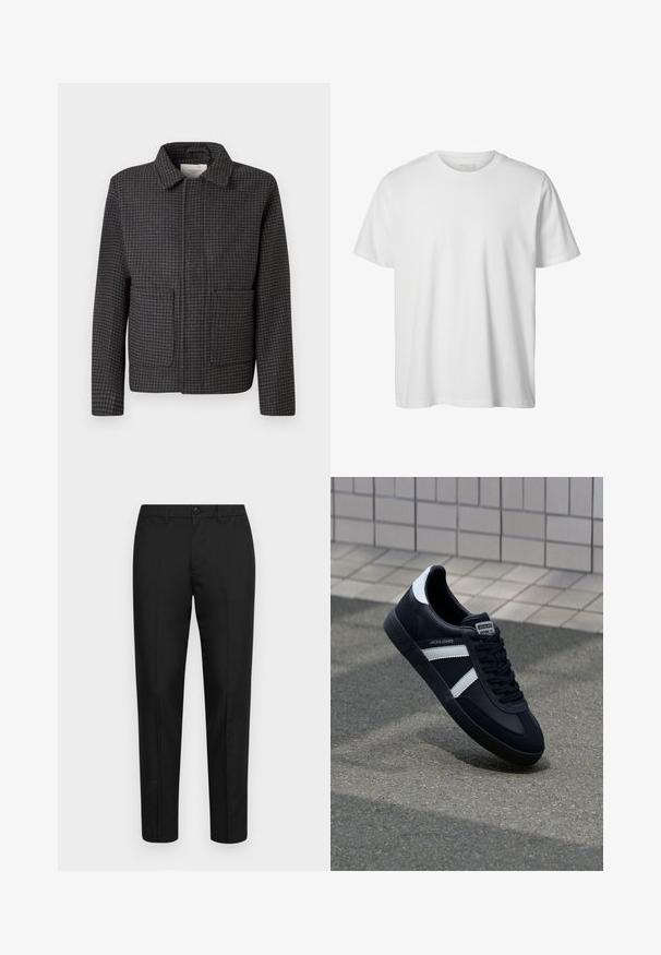 Grau kariertes Jackett mit Kragen, zwei Vordertaschen und gerader Passform. Der Stoff ist strukturiert und zeigt ein klassisches Hahnentrittmuster.; Schlichtes weißes T-Shirt mit kurzen Ärmeln und Rundhalsausschnitt, lässiger Passform und ohne sichtbare Logos oder Designs auf der Vorderseite.; Schwarze Hose aus glattem Stoff mit schlankem Schnitt, ausgestattet mit einem Knopfverschluss, Gürtelschlaufen und gerade geschnittenen Beinen.; Schwarze Leder-Sneaker mit weißen Streifen, strukturiertem Gummisohle und Schnürung. Verfügt über ein Markenetikett auf der Zunge.