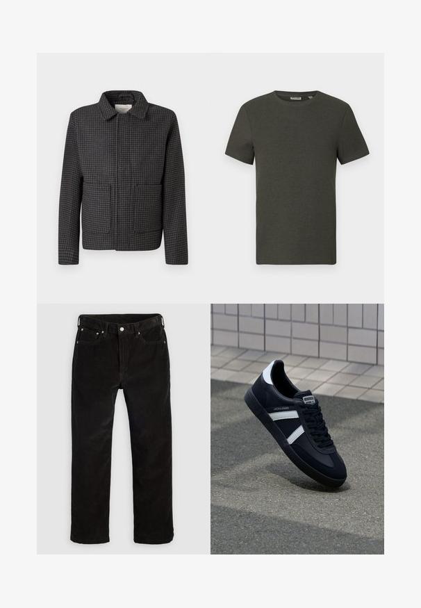 Grijze geruite jas met een kraag, twee vo pockets en een rechte snit. De stof is textuur en heeft een klassiek pied-de-coq patroon.; Donkergroene t-shirt met korte mouwen en een ronde halslijn, gemaakt van ribbelmateriaal; heeft een eenvoudig, minimalistisch ontwerp zonder patronen.; Zwarte fluwelen rechte broek met voorste knoop, ritssluiting, lussen voor een riem en vijf-pocketdesign op een effen lichte achtergrond.; Zwarte leren sneaker met witte strepen, een gestructureerde rubberen zool en vetersluiting aan de voorkant. Voorzien van een merklabel op de tong.