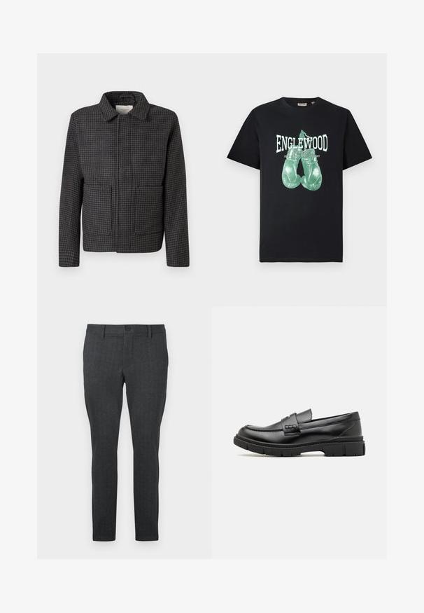 Veste à carreaux gris avec un col, deux poches avant et une coupe droite. Le tissu est texturé et présente un motif pied-de-coq classique.; T-shirt noir à col rond avec un graphique de gants de boxe verts et le texte "ENGLEWOOD Boxing Gym New Jersey Fight Academy" à l'avant.; Pantalon gris foncé avec un motif texturé, coupe slim, taille standard avec un bouton unique, et jambes droites, conçu pour un look moderne.; Mocassin en cuir noir avec une large sangle sur le devant, semelle en caoutchouc à épaisse rainure, et texture lisse. Design classique et élégant.