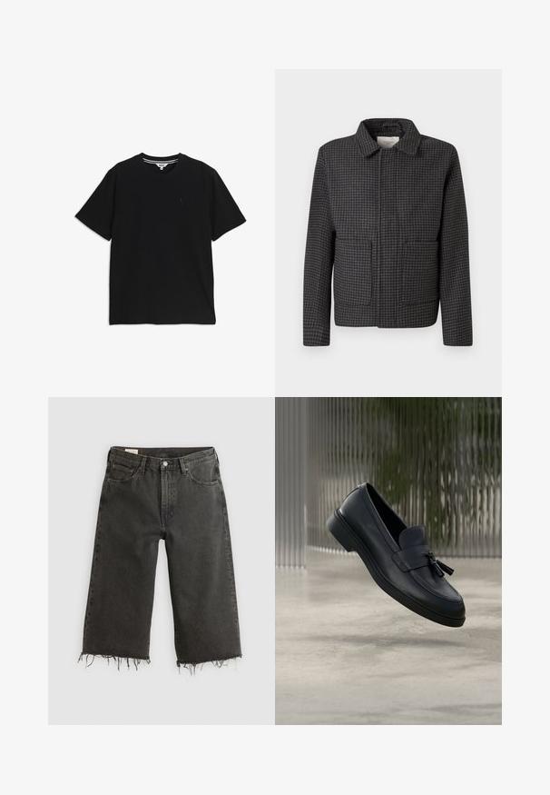 Veste à carreaux gris avec un col, deux poches avant et une coupe droite. Le tissu est texturé et présente un motif pied-de-coq classique.; T-shirt noir à manches courtes et col rond, avec un petit logo brodé sur le côté gauche de la poitrine et une étiquette intérieure rayée au niveau du col.; Jean large noir à ourlet brut en denim, avec un design à cinq poches et fermeture à bouton en métal. La texture est légèrement rugueuse.; Mocassins en cuir noir avec une texture lisse, un bout arrondi et des pampilles décoratives à l'avant. Semelle en caoutchouc flexible avec un petit talon.