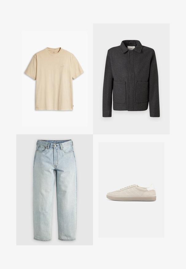 Grijze geruite jas met een kraag, twee vo pockets en een rechte snit. De stof is textuur en heeft een klassiek pied-de-coq patroon.; Beige katoenen T-shirt met een ronde hals en korte mouwen. Bevat een subtiel 'Levi's' logo in dezelfde kleur op de borst. Zachte textuur.; Lichtblauwe denim jeans met een rechtBeen, vijf zakken en een knoopsluiting; heeft vervaagde gebieden en subtiele stikdetails.; Beige suède sneaker met een gestructureerd bovenwerk, een gladde witte hielkap, dunne veters en een rubberen buitenzool. Heeft een slank, laag profiel.