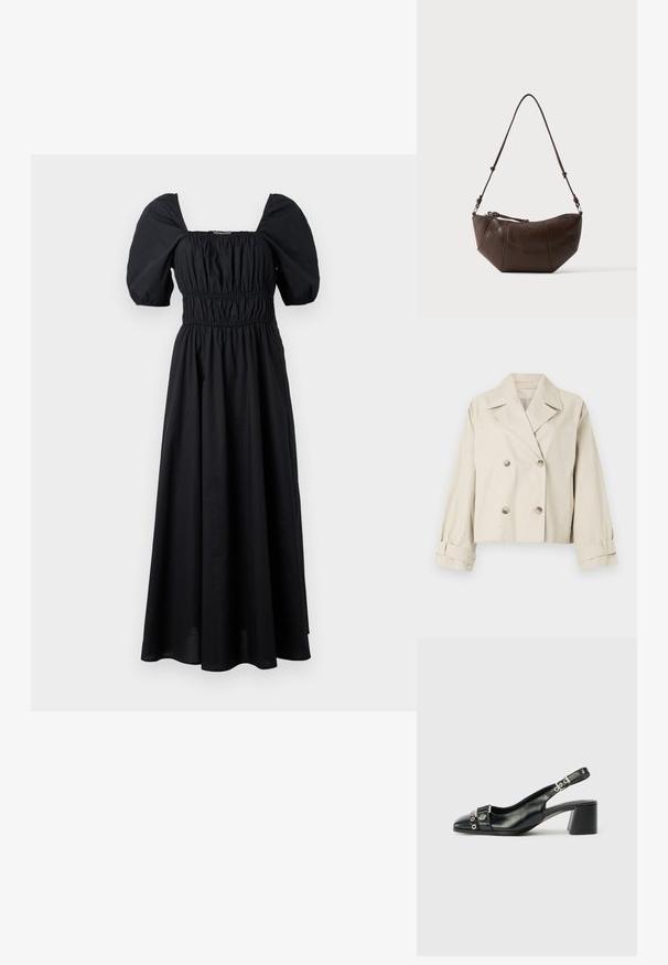 Veste beige courte avec un design à double boutonnage, grands revers et accents de boutons. Présente des poignets roulés et une texture lisse.; Robe maxi noire avec un décolleté carré, des manches bouffantes et une taille élastique, réalisée en tissu léger à la texture lisse.; Sandale à talon en cuir noir avec un bout pointu, une sangle texturée ornée d'accents métalliques circulaires et un talon empilé.; Sac à bandoulière en cuir marron avec un fond incurvé et une sangle réglable sur un fond clair uni.