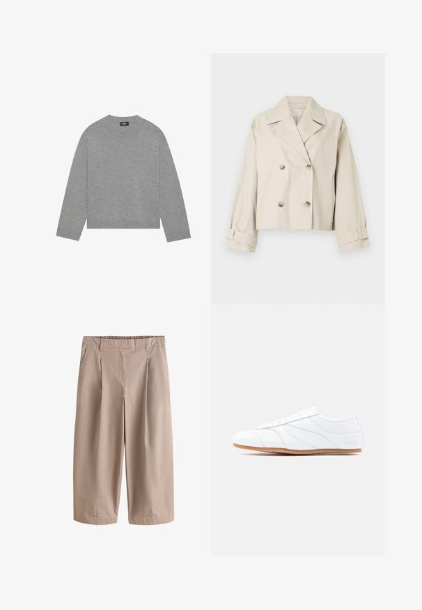 Beige cropped jakke med dobbeltradet design, store klapper og knapdetaljer. Har opbrugte manchetter og en glat struktur.; Grå strikket sweater med lange ærmer, rund halsudskæring og ribbet kant. Fremstillet af blødt materiale, har et minimalistisk design uden mønstre.; Beige vidde, cropped bukser med bæltestropper, sidelommer, frontfolder og små slids ved kanten.; Hvid lavtstående sneaker med snøresystem, glat læderoverdel, diskrete syninger og lysbrun gummisål.