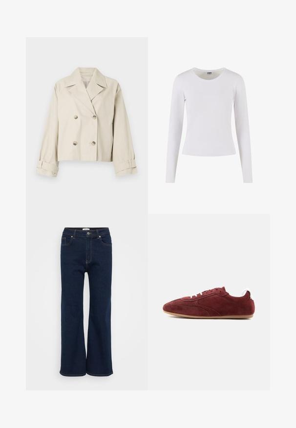 Veste beige courte avec un design à double boutonnage, grands revers et accents de boutons. Présente des poignets roulés et une texture lisse.; T-shirt blanc à manches longues en coton doux, avec un col rond et une silhouette ajustée, sans motifs ni accents.; Jean large en denim bleu foncé avec une fermeture à boutons et à glissière à l'avant, cinq poches et des coutures contrastées. Texture lisse.; Baskets en daim bordeaux profil bas avec lacets blancs et languette au talon, semelle en caoutchouc beige, détails de couture sur le côté, vues de l'extérieur.