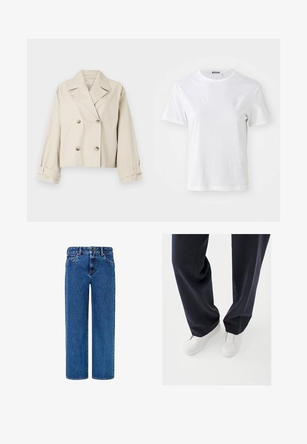 Chaqueta corta beige con diseño de doble botonadura, grandes solapas y detalles de botones. Presenta puños enrollados y una textura suave.; Camiseta blanca de manga corta hecha de una tela suave. Cuenta con un escote redondo y un corte recto, con una etiqueta en el cuello interior.; Jeans de mezclilla azul claro con un diseño de pierna recta, que cuentan con cierre de botón, trabillas para el cinturón y bolsillos frontales con costura visible.; Zapatillas blancas con suelas de goma texturizadas y cordones planos, combinadas con pantalones azul marino oscuro que muestran una tela suelta, suave y un corte a medida.