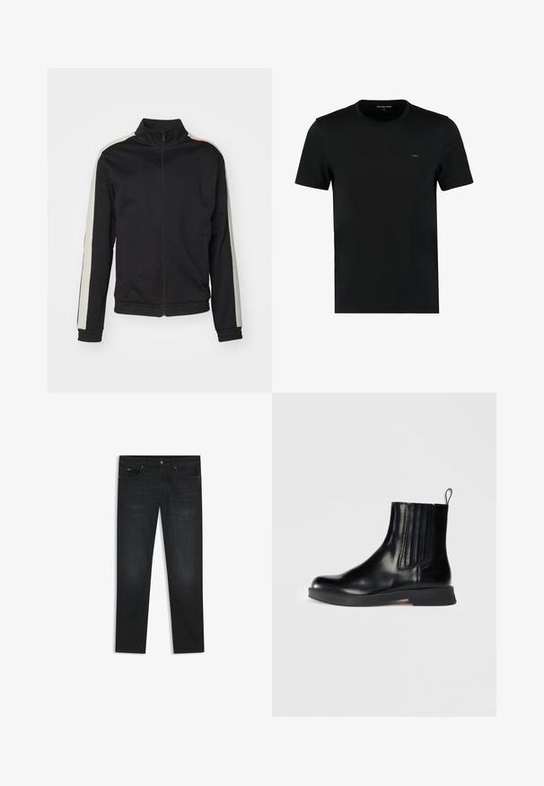 Sort zip-up jakke med høj krave, der har hvide sidestiber og et struktureret mønster. Inkluderer to frontlommer og ribbede manchetter.; Sort kortærmet t-shirt lavet af glat stof med rund halsudskæring og et lille, præget logo på brystet. Klassisk pasform og ensfarvet.; Sorte denim jeans med lige ben, der har et klassisk fem-lomme design, lynlås i taljen og subtile syninger.; Sorte læder ankelstøvler med elastiske sidepaneler, rund tå, lav blokhæl og pull-tab. Har en glat overflade og et elegant design.