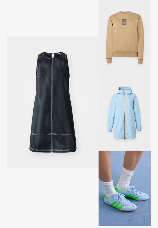 Hele sinine vihmamantel kapuutsiga, ees musta, valget, punast ja kollast triipu sisaldava tõmblukuga, elastsete varrukaservadega ja kahe küljetaskuga.; Beež sweatshirt, millel on ribidega ümar kaelus, varrukate ja hem. Rinnal on tumehallis trükitud tekst "BODY MIND SOUL". Pehme tekstuur.; Kätsemaid sinine kleit valgete vertikaalsete triipudega, ümar kaelus ja seljaosa lukuga. Omab sirget lõiget ja kontrastseid õmblusi.; Heledsinine spordijalatsid roheliste aktsentidega ja kolme triibuga. Omavad siledat tekstuuri ja kummist talla. Kanda koos valgete ribadega sokkidega.