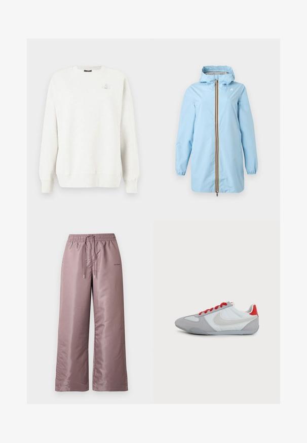 Imperméable bleu clair avec capuche, fermeture éclair à l'avant ornée de rayures noires, blanches, rouges et jaunes, poignets élastiques et deux poches latérales.; Sweatshirt gris clair avec un col rond, des poignets et un ourlet côtelés. Présente un petit logo brodé sur la poitrine. Tissu doux et texturé.; Pantalon ample rose clair en nylon lisse. Doté d'une taille élastique avec cordon de serrage et portant un logo sur le côté.; Baskets basses grises et blanches Nike avec un grand swoosh blanc, languette rouge au talon et lacets rouges sur fond uni.