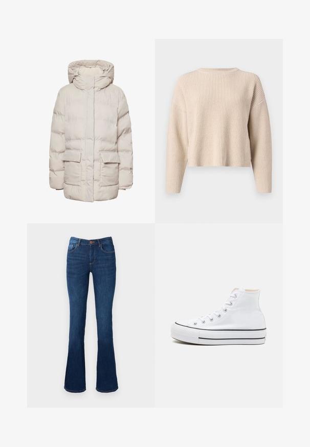Pieces Puffer PCNORMA - Zimný kabát - silver gray; Bežový pletený sveter s okrúhlym výstrihom, dlhými rukávmi a voľným strihom. Má rebrovanú textúru a skrátený lem.; Uvoľnené modré riflové nohavice s stredným pásom, ktoré majú predné a zadné vrecká, oranžové švy a zapínanie na gombík.; Biele vysoké tenisky z plátnovej látky, čierna gumová podrážka a kontrastný čierny pruh na strednej podrážke. Okrúhla špička a zaväzovací dizajn.
