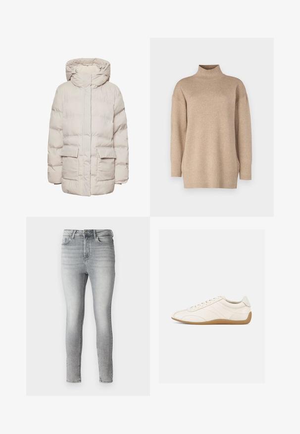 Pieces Puffer PCNORMA - Talvitakki - silver gray; Beige poolopaita, jossa rento malli, resorit helmassa ja hihoissa, pehmeä pinta ja hieman laskeutuvat hartiat. Valmistettu kevyestä materiaalista.; Harmaat farkut, jotka ovat kapeat ja sileät, viiden taskun muotoilu sekä nappi- ja vetoketjukiinnitys vyötäröllä. Haalistunut pinta koko matkalla.; Valkoinen nahkainen tennari, jossa on sileä pinta, pyöreä kärki ja sävy sävyyn ommel. Varustettu vaaleanruskealla kumipohjalla ja nauhallisella kiinnityksellä.