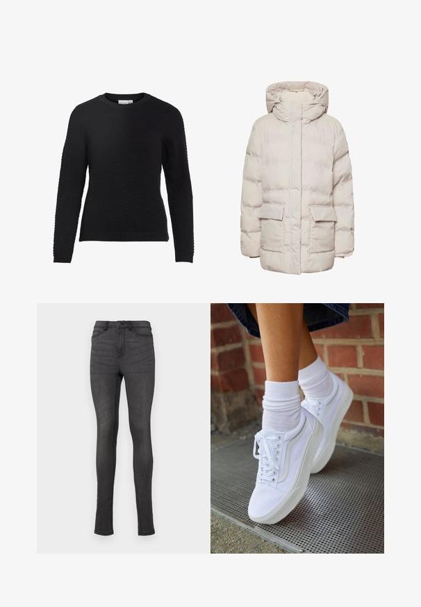 Pieces Puffer PCNORMA - Talvemantel - silver gray; Must svart kootud sviiter, millel on tekstureeritud muster, ümar kaelus, ning soonikust mansetid ja allääre. Pikad varrukad ja kitsas disain.; Tumedast hallist denimist valmistatud kitsad teksad, millel on kõrge vöökoht, vööaasad ja üks nööpkinnitus. Ei ole nähtavaid kulumise märke ega mustreid.; Valged kanvas tennisikud kummitaldadega, kuue silmaga, ümmarguse varbaga ja kergete tikandite detailidega, koos valgete pahkluusokkidega.