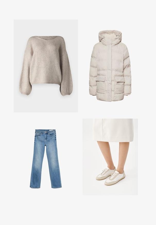 Pieces Puffer PCNORMA - Vinterfrakke - silver gray; Beige strikket sweater med bred V-udskæring, lange ballonærmer og en cropped kant. Teksturen er chunky og blød, med et enkelt design.; Lysblå denim jeans med klassisk fem-lomme design, knap- og lynlåslukning samt lige pasform.; Person iført hvide sneakers med beige ruskindsdetaljer og en hvid knælang nederdel, stående mod en hvid baggrund.