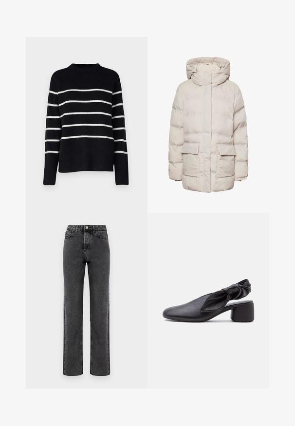 Pieces Puffer PCNORMA - Χειμωνιάτικο παλτό - silver gray; Vero Moda Tall VMFLAWLESS - Πουλόβερ - black/birch; Γκρι τζιν παντελόνι με ίσια γραμμή και ξεθωριασμένο φινίρισμα, σχεδίαση πέντε τσεπών και κλείσιμο με κουμπί. Διαθέτει κλασικά ραψίματα κατά μήκος των ραφών.; Μαύρο δερμάτινο παπούτσι slingback με στρογγυλεμένη μύτη, λεπτομέρεια με κόμπο στο λουράκι και χαμηλό τετράγωνο τακούνι σε λευκό φόντο.