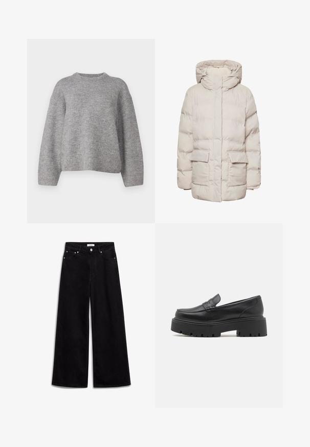 Pieces Puffer PCNORMA - Manteau d'hiver - silver gray; Gina Tricot CREW NECK - Pullover - mid grey; Jean large noir en denim, avec une taille haute, cinq poches et des accents en métal argenté. Texture lisse, design épuré.; Mocassins en cuir noir avec une semelle en caoutchouc épaisse et basse, des détails cousus sur le dessus et une texture lisse.