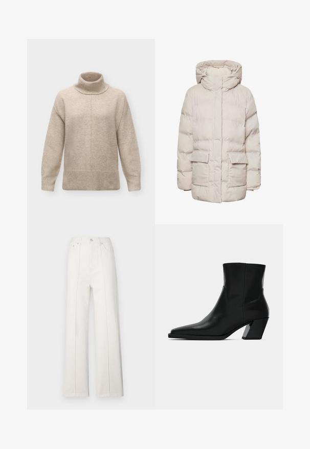 Pieces Puffer PCNORMA - Wintermantel - silver gray; Beige wollen coltrui met lange mouwen, geribde boorden en zoom, en een centrale naad die verticaal over de voorkant loopt.; Witte denim brede broek met een hoge taille, voorzien van verticale stiksels en een knoopsluiting aan de voorkant. Gladde textuur met een strak ontwerp.; Zwarte leren enkelboot met een spitse neus, een slanke silhoeet en een chunky vierkante hak. Gladde textuur met minimale stikdetails.