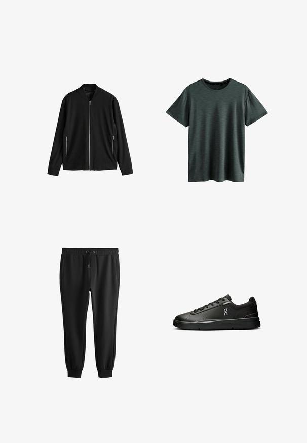 Chaqueta bomber negra de manga larga con cremallera frontal y dos bolsillos laterales con cremallera, mostrada extendida sobre un fondo blanco.; Camiseta gris oscuro hecha de un tejido suave y texturizado. Presenta un clásico cuello redondo y mangas cortas con un sutil patrón. Sin logotipos visibles.; Pantalones deportivos negros ajustados con cinturilla elástica, cordón, bolsillos laterales y puños acanalados en los tobillos.; On THE ROGER ADVANTAGE - Zapatillas - black black