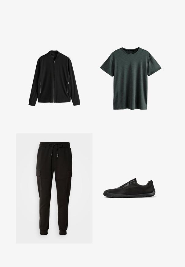 Chaqueta bomber negra de manga larga con cremallera frontal y dos bolsillos laterales con cremallera, mostrada extendida sobre un fondo blanco.; Camiseta gris oscuro hecha de un tejido suave y texturizado. Presenta un clásico cuello redondo y mangas cortas con un sutil patrón. Sin logotipos visibles.; Pantalones de chándal negros con cintura elástica y cordón. Presenta bolsillos tipo cargo a los lados y puños elásticos en los tobillos.; Zapatilla negra de perfil bajo con parte superior de malla, cierre de cordones y suela de goma flexible, vista lateral sobre fondo blanco.