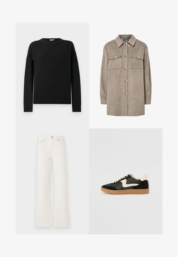 Fleece-skjortejakke i lys brun med knaplukning foran, to brystlommer og klassisk krave. Blød tekstur, lange ærmer og lige kant.; Sorte langærmede crewneck trøje med ribbede manchetter og kant, vist på en ensfarvet lys grå baggrund.; Hvide flared jeans lavet af denim, med høj talje, fem lommer og dobbelt syninger, samt hardware-accenter i kobbertone.; Sorte ruskinds- og lædersneakers med en cremefarvet side-swoosh og lys cremefarvet hæl. Har beige snørebånd og en gummirubber-sål.
