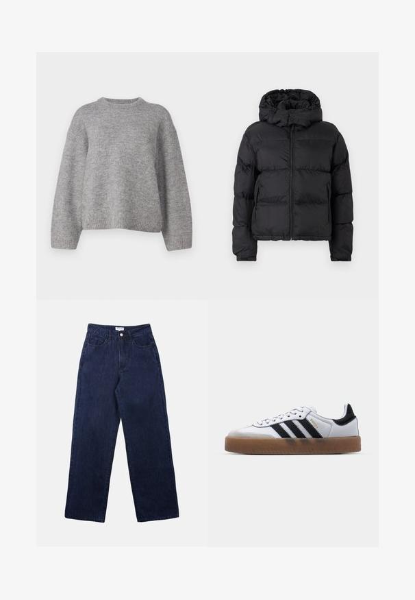 Doudoune noire avec fermeture éclair, col haut et capuche. Le tissu est lisse avec un design matelassé, offrant isolation et chaleur.; Gina Tricot CREW NECK - Pullover - mid grey; Pantalons en denim bleu foncé avec une coupe droite, dotés d'une fermeture à bouton à l'avant, de passants de ceinture et de deux poches avant.; Baskets en cuir blanc avec des rayures noires, semelle extérieure en caoutchouc beige, bout rond, fermeture lacée et embout en suède gris doux.