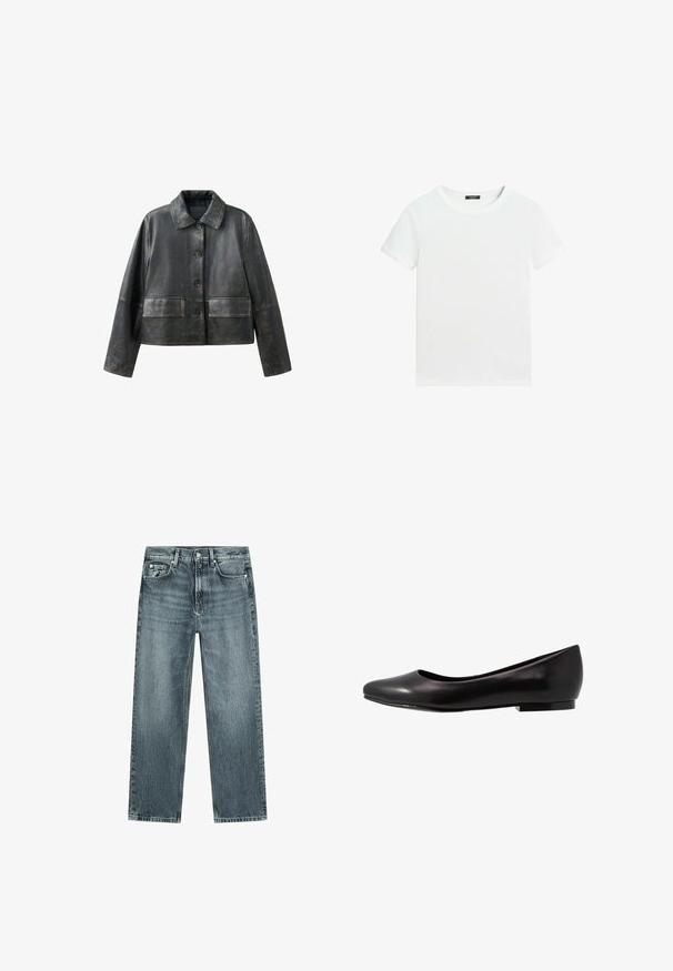Sort læderjakke med forreste knapper, to vandrette klaplommer, lange ærmer og en spids krave på hvid baggrund.; Almindelig hvid T-shirt med korte ærmer, rund halsudskæring og lille sort label inden i kraven.; Blå straight-leg jeans i denim med fem lommer, bæltestropper og knaplukning på hvid baggrund.; Sort ballette sko lavet af glat læder med rund tå og lav, flad sål. Har en glat overflade med et enkelt og strømlinet design.
