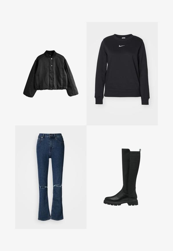 Zwarte cropped bomberjack met drukknopen, geribde opstaande kraag, lange mouwen en twee steekzakken aan de voorkant.; Zwarte sweatshirt van een katoenmix, met geribde cuffs en zoom, ronde halslijn en zilveren Nike-logo op de borst.; Donkerblauwe denim flare jeans met een hoge taille en versleten kniedetail, voorzien van een standaard knoop- en ritssluiting.; Zwarte hoge laarzen tot de knie met een gladleren voorkant en een getextureerd meshpaneel aan de achterkant, voorzien van een rubberen zool en een trek lus voor gemakkelijke aan- en uittrekking.