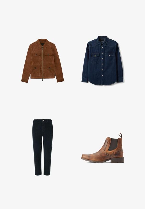 Chaqueta de ante marrón con cuatro bolsillos con solapa y botón, cierre central con cremallera, cuello clásico y mangas largas.; Camisa de manga larga de denim azul oscuro con cierre delantero de botones, dos bolsillos en el pecho con botones y cuello puntiagudo.; Pantalones de canalé de color azul marino oscuro con corte recto, con cierre de botón en la parte frontal y bolsillos laterales, textura suave y costuras mínimas.; Botas Chelsea de cuero marrón con puntera redondeada, paneles laterales elásticos y una pequeña tira de agarre; acabado texturizado y sutiles detalles de costura.
