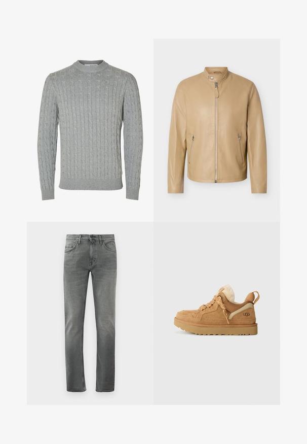 Veste en cuir marron clair avec fermeture éclair avant, poches latérales zippées et col à bouton-pression sur fond uni.; Pull en tricot gris clair avec un motif torsadé, col rond et poignets et ourlet côtelés. Confectionné en tissu doux et texturé.; Jeans slim gris avec poches avant et fermeture à bouton, présentés sur un fond blanc.; Baskets en daim tan avec une semelle en caoutchouc, dotées d'accents crème contrastants, de lacets à motifs et d'une doublure douce. Design à bout rond.