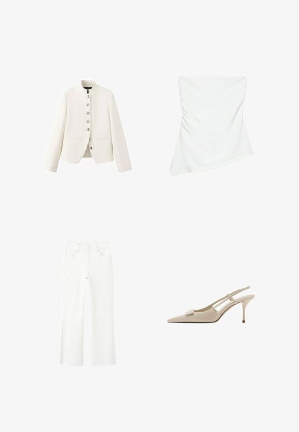 Veste blanche cintrée avec col montant, manches longues, deux poches avant et six boutons ronds argentés sur le devant.; Haut blanc asymétrique sans bretelles avec un léger détail froncé sur un côté, style ajusté, design épuré et minimaliste.; Jean blanc taille haute avec jambes droites, design à cinq poches, fermeture par bouton et détail d'ourlet brut aux chevilles.; Chaussure à talon haut beige à bout pointu, bride arrière et talon aiguille fin, avec un détail carré décoratif sur le bout.