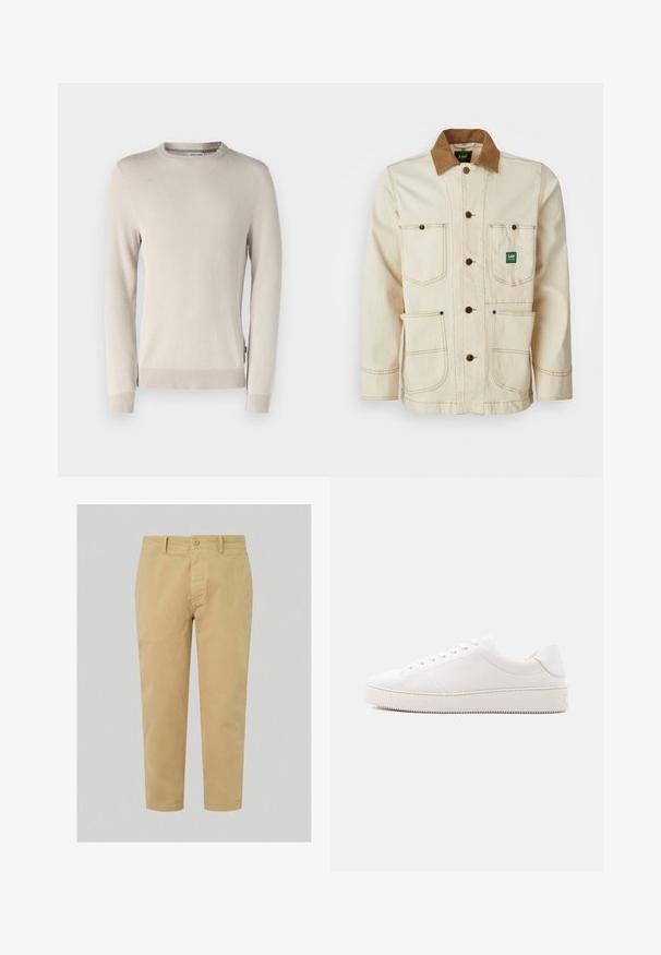Beige jakke lavet af bomuld med en brun fløjlskrave. Har fem lommer, brune knapper og kontrasterende syninger for ekstra detaljer.; Beige striktrøje med et struktureret mønster, rund halsudskæring og ribbede manchetter og kant. Fremstillet af blødt, åndbart materiale.; Khaki chinos med lige ben, der har en frontknaplukning, bælteløb og glat bomuldsstof. Forkortet længde.; Hvid lædersneaker med en glat overflade, rund tå, seks-huls snørebånd og en struktureret gummisål. Minimalistisk design uden mønstre.