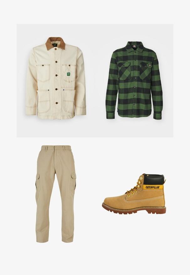 Chaqueta beige de algodón con un cuello de pana marrón. Cuenta con cinco bolsillos, botones marrones y costuras contrastantes para un detalle adicional.; Camisa de franela a cuadros verde y negra con dos bolsillos en el pecho, cierre de botones, mangas largas y cuello puntiagudo. Textura suave.; Pantalones cargo beige de algodón twill, con múltiples bolsillos laterales, diseño de pierna recta y cierre con cremallera y pasadores para cinturón.; Bota de cuero marrón con un cuello negro, acentos amarillos, ojales dorados y una suela robusta. Presenta una costura lateral y un detalle de costura en contraste.