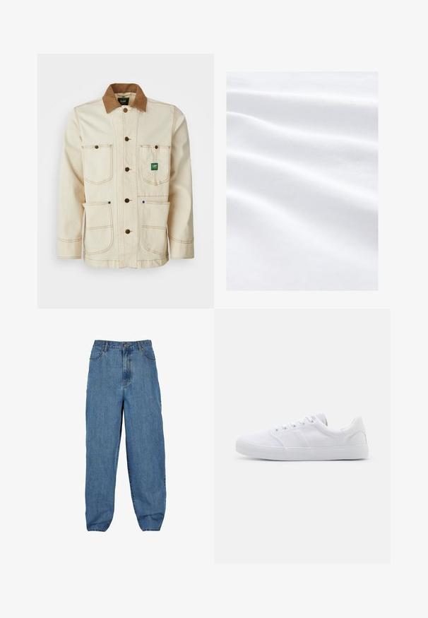 Beige jasje van katoen met een bruine ribfluwelen kraag. Heeft vijf zakken, bruine knopen en contrasterende stiksels voor extra detail.; Zacht, glad wit stof met subtiele horizontale vouwen en een fijn, gestructureerd weefpatroon, gelijkmatig verlicht zonder schaduwen.; Lichtblauwe denim broek met een hoge taille, wijde pijpen, vijf zakken en een knoop- en ritssluiting.; Witte canvas sneakers met een rubberen zool, voorzien van zes oogjes, een gestructureerde neuskap en een minimalistisch ontwerp.