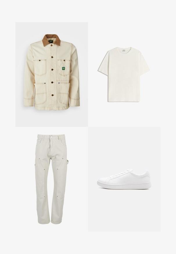 Beige jakke lavet af bomuld med en brun fløjlskrave. Har fem lommer, brune knapper og kontrasterende syninger for ekstra detaljer.; Hvid ribstrikket T-shirt med korte ærmer og rund hals. Blød tekstur med en afslappet pasform, uden synlige mønstre eller detaljer.; Lyse beige cargobukser lavet af holdbart bomuld. Har flere lommer, trykknapper og et design med lige ben.; Hvid lavtop-sneaker med snørelukning, glat læderoverdel og tyk gummisål vist i sideprofil mod en ensfarvet baggrund.