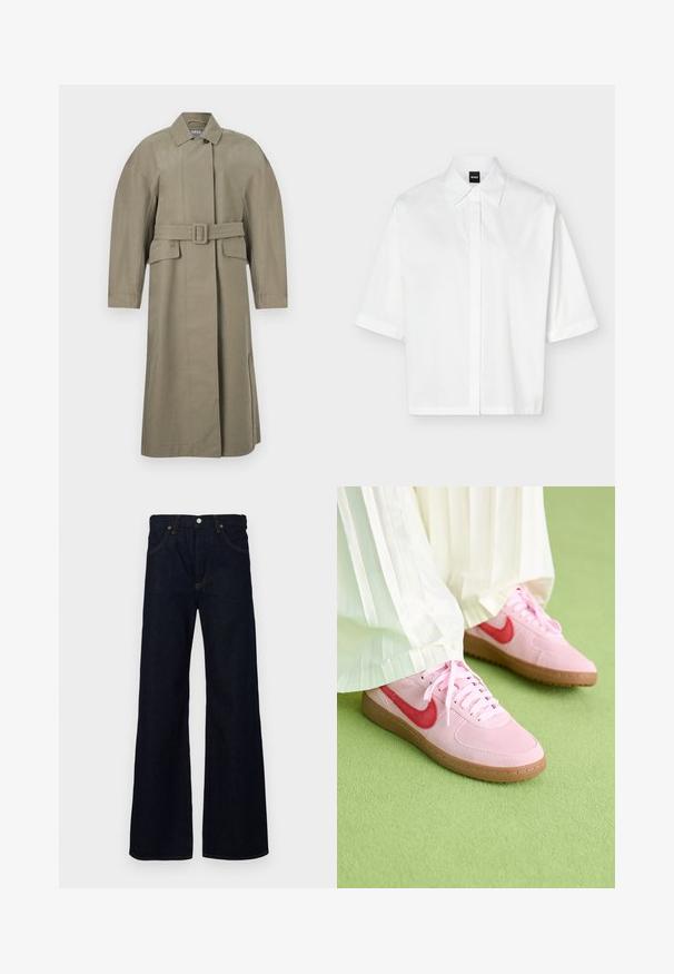 Lange beige trenchcoat met brede kraag, tailleceintuur, twee klepzakken aan de voorkant en lange mouwen, weergegeven op een witte achtergrond.; Wit overhemd met korte mouwen en kraag, voorzien van een verborgen knopenlijst en een zwart "BOSS" merklabel aan de binnenkant van de hals.; Donkerblauwe denim wijdjeans met een hoge taille, voorzien van contrasterende stiksels, riemlussen en een vijfzakkenontwerp.; Roze suède sportschoenen met een rood logo en bijpassende veters. De zool is van lichtbruin rubber. Draag ze met witte geplooide broeken op een groene ondergrond.