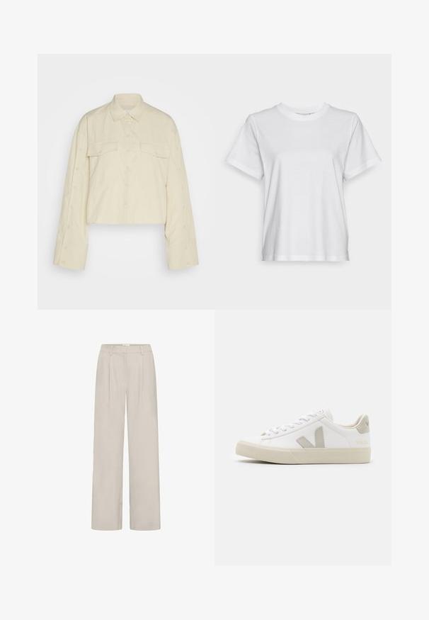 Chemise de couleur crème, en tissu léger, coupée. Elle présente un col pointu, deux poches poitrine et des détails de bouton le long des bords des manches.; T-shirt en coton blanc à manches courtes, col rond et coupe décontractée. Texture lisse, sans motifs ni graphiques, design basique.; Pantalon large beige clair à taille haute, avec deux plis à l'avant, passants pour ceinture et texture lisse.; Baskets blanches en cuir avec des accents gris en forme de V, semelle en caoutchouc texturé, lacets blancs, et languette et col rembourrés.