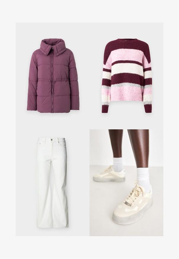 Puffjacke in gedämpftem Lila, mit hohem Kragen, Reißverschluss und horizontalem Steppmuster sowie einem verstellbaren Kordelzug am Saum.; Lila und rosa gestreifter Pullover mit rundem Ausschnitt. Hergestellt aus weichem, strukturiertem Stoff. Verfügt über horizontale Streifen in verschiedenen Farben.; Weiße Jeans mit hohem Bund und geradem Bein, vorne mit Knopf- und Reißverschluss sowie seitlichen und hinteren Taschen, vor einem schlichten hellen Hintergrund.; Beige Sneakers aus glattem Leder und Wildlederakzenten, graue Gummisohle, strukturierte Muster und ein metallisches Markenlogo an der Seite.