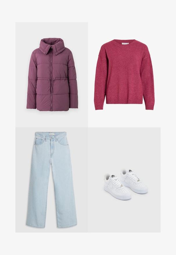 Chaqueta acolchada en púrpura suave, con un alto cuello, cierre de cremallera y patrón de acolchado horizontal, además de un cordón ajustable en el dobladillo.; Suéter de cuello redondo de manga larga en rosa oscuro jaspeado, puños y dobladillo acanalados, tela de punto suave, ajuste relajado.; Vaqueros de mezclilla azul claro de pierna ancha con cintura alta, con cierre de botón y cremallera, doble bolsillo delantero y detalles de costura sutiles.; Zapatillas Nike Air Force 1 blancas con una parte superior de cuero suave, puntera perforada, cordones blancos y un logotipo negro en la lengüeta.