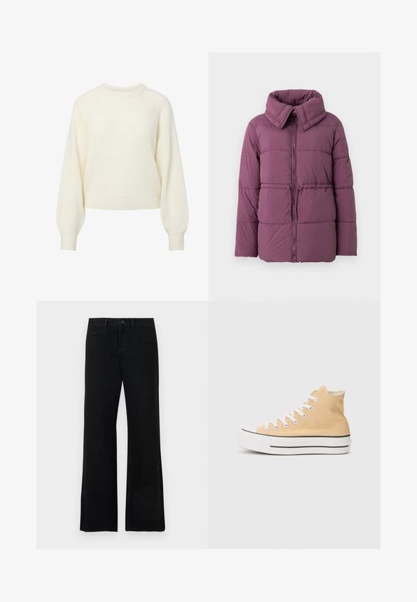 Chaqueta acolchada en púrpura suave, con un alto cuello, cierre de cremallera y patrón de acolchado horizontal, además de un cordón ajustable en el dobladillo.; Suéter de punto de manga larga color crema con cuello redondo acanalado, puños y dobladillo.; Vaqueros de mezclilla negra acampanados con una textura suave, que presentan un cierre frontal con botones, presillas para cinturón y un diseño clásico de cinco bolsillos.; Zapatillas altas de lona en un color marrón claro con cordones blancos, detalles en negro en la suela y una puntera de goma.