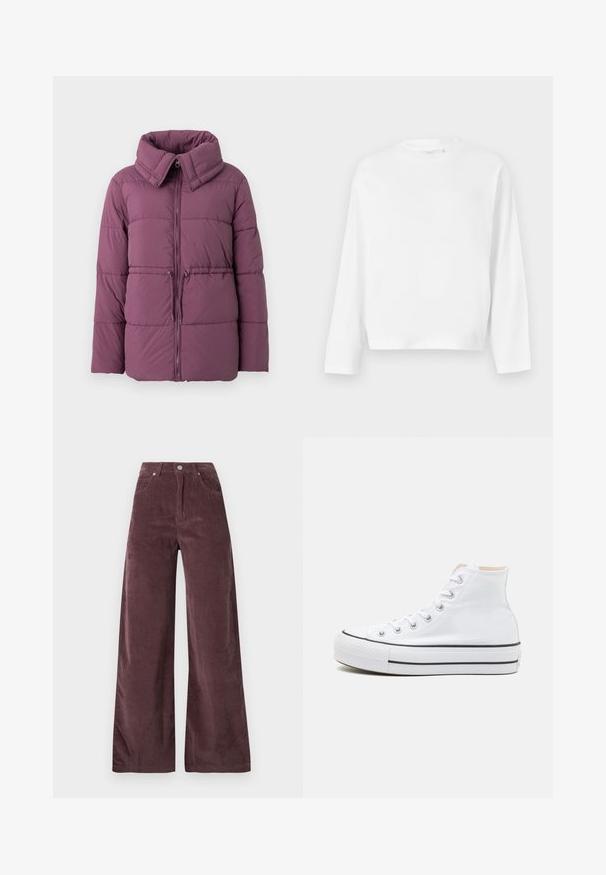 Veste rembourrée en violet muted, avec un col haut, une fermeture éclair et un motif matelassé horizontal, dotée d'un cordon de serrage réglable à l'ourlet.; Gina Tricot T-shirt à manches longues - white; Pantalons large à taille haute en velours côtelé mauve foncé, dotés de poches avant et d'une fermeture par bouton.; Baskets montantes blanches en toile, semelle en caoutchouc noir et bande noire contrastante sur la semelle intermédiaire. Bout rond et design à lacets.