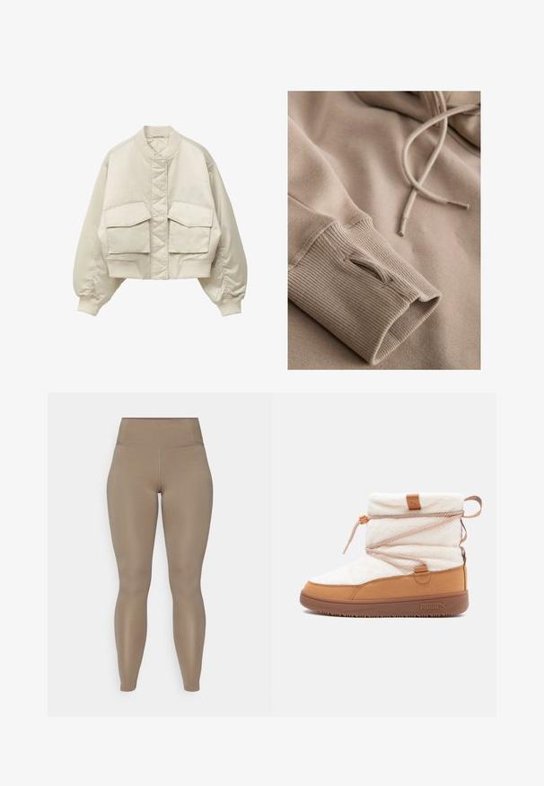 Beige-värinen lyhyt bombar-tyylinen takki, jossa on tikattu etupaneeli, resoroitu kaulus ja hihansuut sekä kaksi suurta läppätaskua edessä.; Beige huppari, jossa on ribbed hihansuut ja teksturoitu pinta. Kaulan kohdalla nauhat ja pehmeä, sileä kangas. Hienovaraiset ompeluyksityiskohdat.; Korkeavyötäröiset leggingsit tasaisessa beigeväriä. Valmistettu sileästä, joustavasta materiaalista, jossa ei ole näkyviä kuvioita tai varusteita.; Valkoinen pörröinen saapas, jossa on vaaleanruskea mokkanahkainen alaosa. Sisältää koristeellisen narun ja ruskean logon korostuksen sivussa. Tasainen kumipohja.