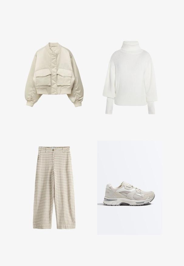 Beige cropped bomberjakke med quiltet frontpanel, ribbet krave og manchetter samt to store klaplommer foran.; Hvid overdimensioneret ribbet turtleneck sweater med lange ærmer og afslappet pasform, der har et struktureret stof og minimalistisk design.; Beige og hvide ternede bukser med afslappet pasform, med knap og elastik i taljen, sidelommer og vidde ben.; Beige og hvid sportssneaker med mesh- og ruskindspaneler, snørelukning og tyk polstret sål med gråt mønster.
