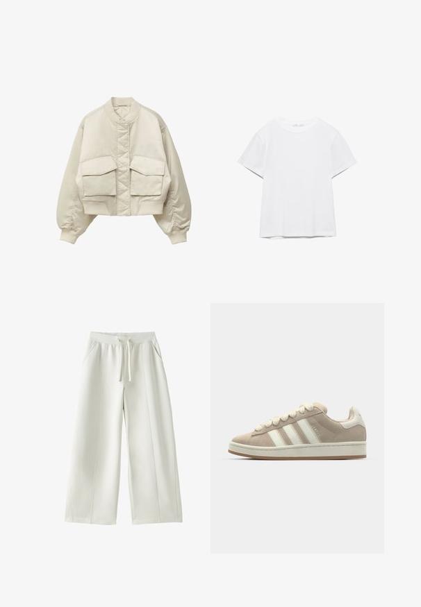 Veste bomber courte beige avec panneau avant matelassé, col et poignets côtelés, et deux grandes poches à rabat à l'avant.; T-shirt blanc uni à manches courtes et col rond, avec un ourlet droit, présenté sur un fond blanc.; Pantalon blanc à jambes larges avec taille élastique, cordon de serrage à l'avant, poches latérales, et détails de coutures visibles sur un fond uni.; Sneakers en suède tan avec des rayures et des lacets en cuir blanc, semelle en caoutchouc, col rembourré et détails texturés sur le dessus.