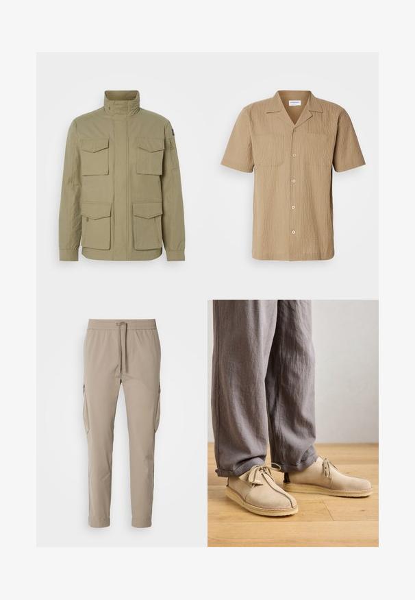 Beige jakke med høj krave, fire frontlommer, en lynlåslomme på ærmet og et let textured stof.; Kortærmet, beige skjorte lavet af struktureret stof. Har en spredt krave, to frontlommer og knaplukning i en afslappet pasform.; Beige cargo bukser med elastisk talje og snøre. Har sidelommer og en tapered ben design, lavet af letvægtsstof.; Beige ruskindssko med rund tå, snørredetaljer og sømme, parret med løse grå linnedbukser på et trægulv.