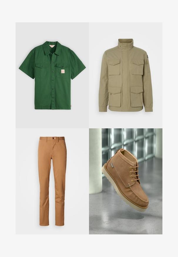Beige jas met een hoge kraag, vier voorzakken, een ritszak op de mouw en een licht gestructureerde stof.; Korte mouwen groene katoenen shirt met knoopsluiting, twee borstzakken en een klein label op de linkse zak. Effen, geen patronen.; Slim-fit kaki broeken met knoop- en ritssluiting, ceintuurlussen en zijzakken op een witte achtergrond.; Lichtbruine suède enkellaars met beige geribbelde zool, gouden veteroogjes, leren veters en een zichtbare Barbour merklabel aan de zijkant.