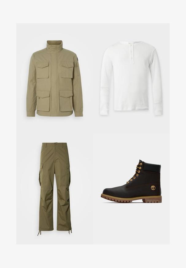 Veste beige avec un col montant, quatre poches sur le devant, une poche zippée sur la manche et un tissu légèrement texturé.; T-shirt thermique blanc à manches longues avec col rond et patte de boutonnage à trois boutons, présenté à plat sur fond clair.; Pantalons cargo vert olive en tissu durable, avec une coupe droite, des poches latérales et des lanières ajustables aux chevilles.; Bottine noire en cuir avec œillets dorés, accents marron et semelle en caoutchouc. Comprend un col rembourré et un logo estampé sur le côté.
