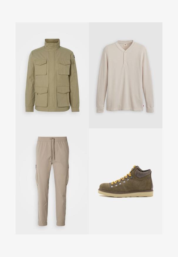 Beige takki, jossa on korkea kaulus, neljä etutaskua, vetoketjullinen tasku hihaassa ja hieman teksturoitu kangas.; Pitkähihaine henley-paitaa vaaleanbeige ribbikankaasta, jossa on V-pääntie, kolmesta nappia koostuva nappilista ja hihoissa resorit. Punainen logonauha helman kohdalla.; Beige cargo-housut, joissa on joustava vyötärö ja naru. Ominaisuuksiin kuuluvat sivutaskut ja kapeneva lahje, valmistettu kevyestä kankaasta.; Oliivinvihreät mokka-vaelluskengät, joissa on beige kumipohja. Varusteena keltaiset nauhat, metalliset silmukat ja pehmustettu nilkatuki.